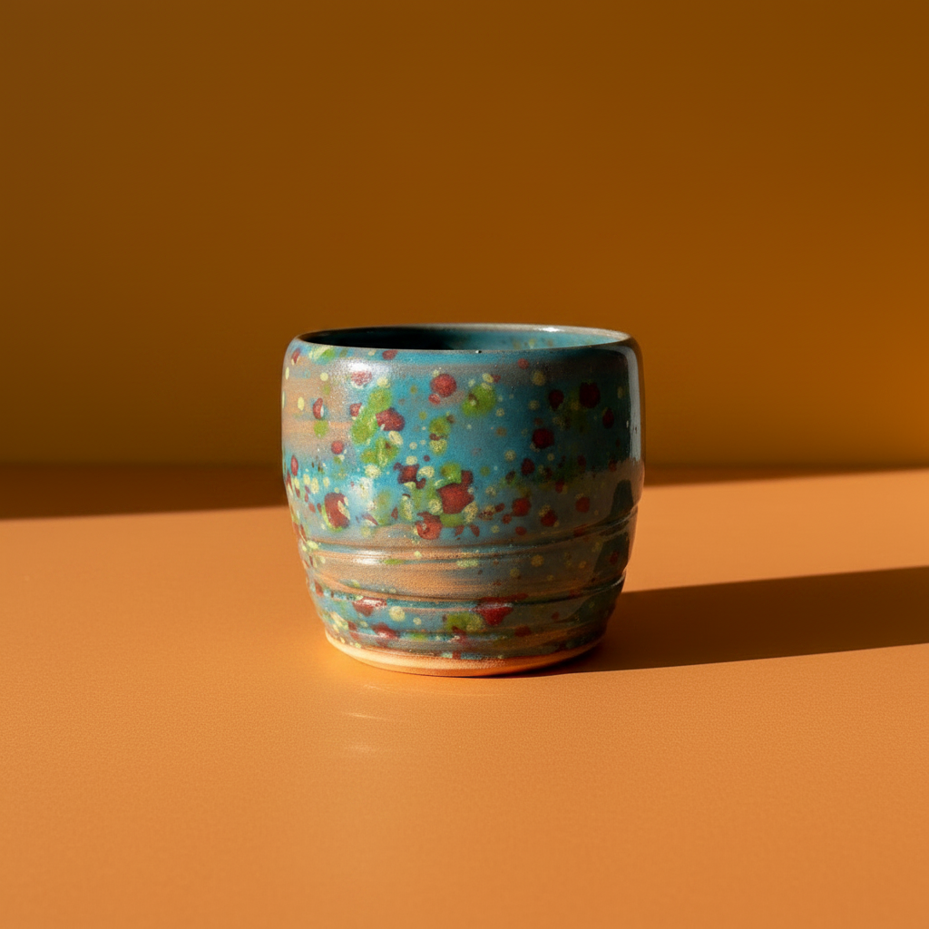 Set fotografico vasetto in terracotta su base e sfondo accesi