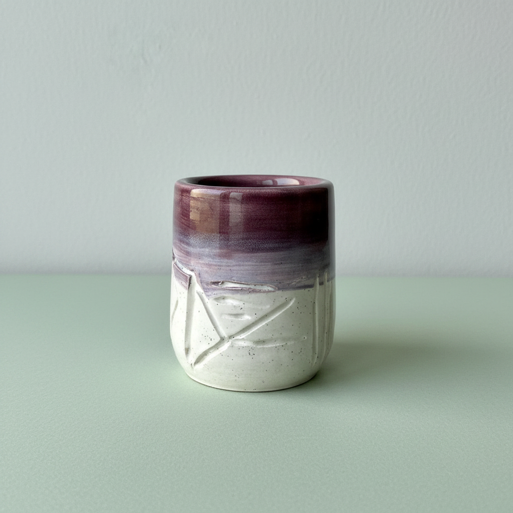 Tazza Viola su piano pastello, luce naturale